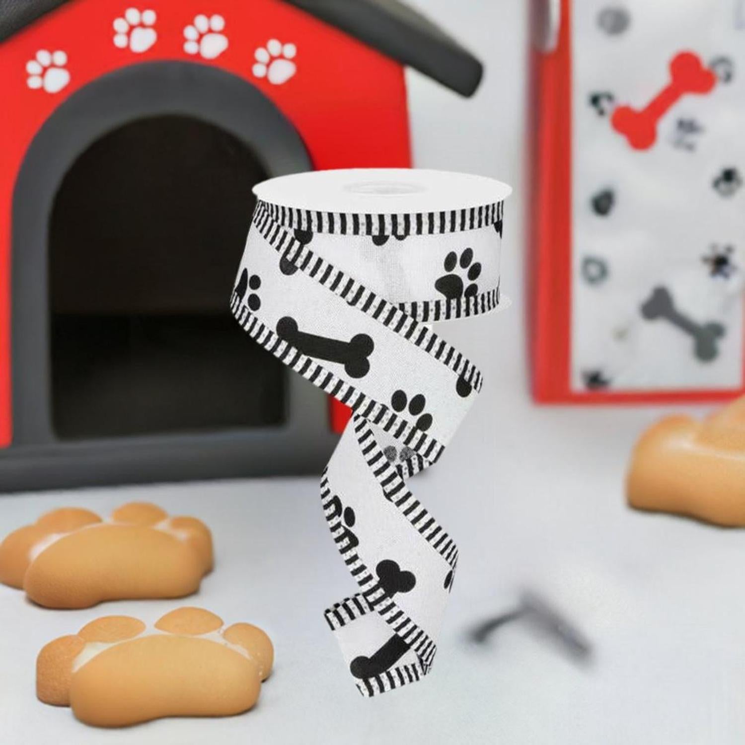 Shop For 1.5" Paw Print Thin Stripe Ribbon: White & Black (10 Yards) at Michelle's aDOORable Creations
