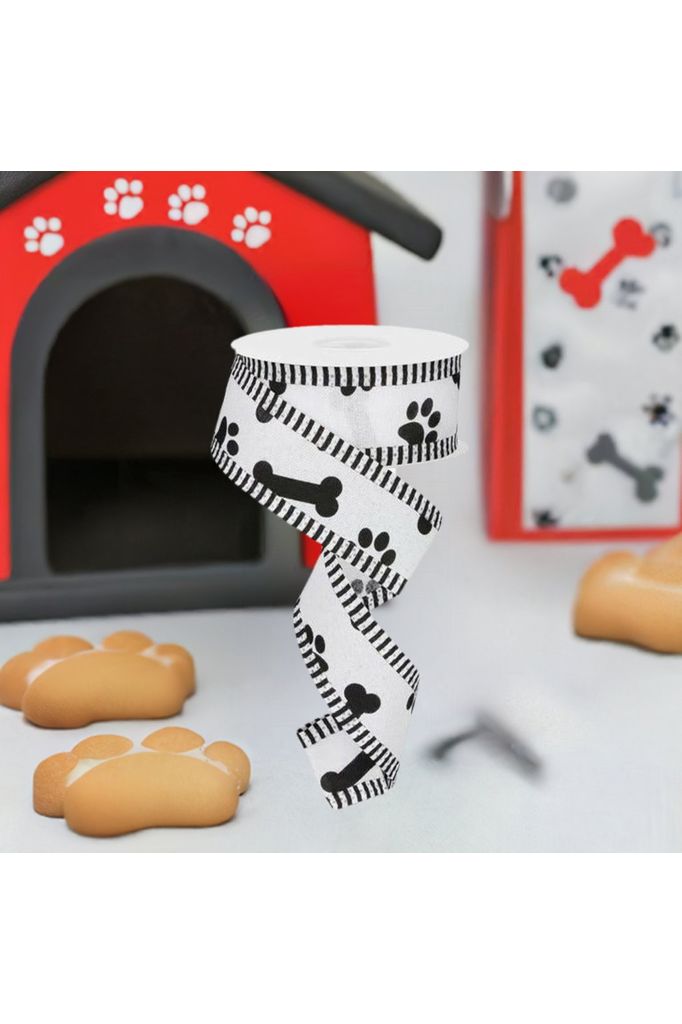 Shop For 1.5" Paw Print Thin Stripe Ribbon: White & Black (10 Yards) at Michelle's aDOORable Creations