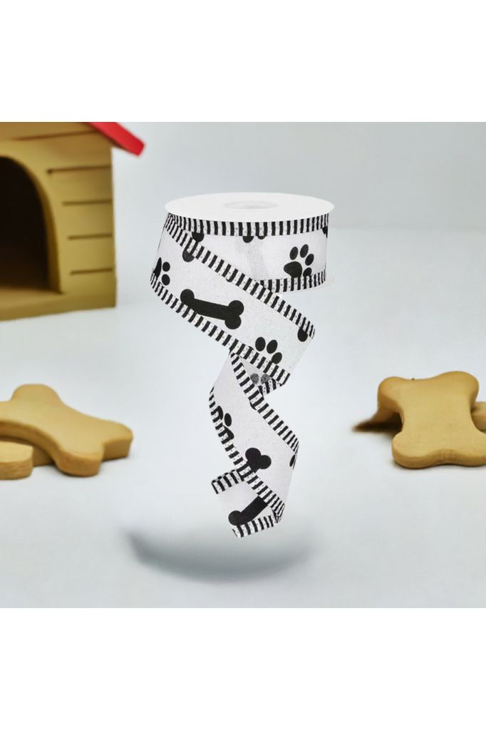 Shop For 1.5" Paw Print Thin Stripe Ribbon: White & Black (10 Yards) at Michelle's aDOORable Creations