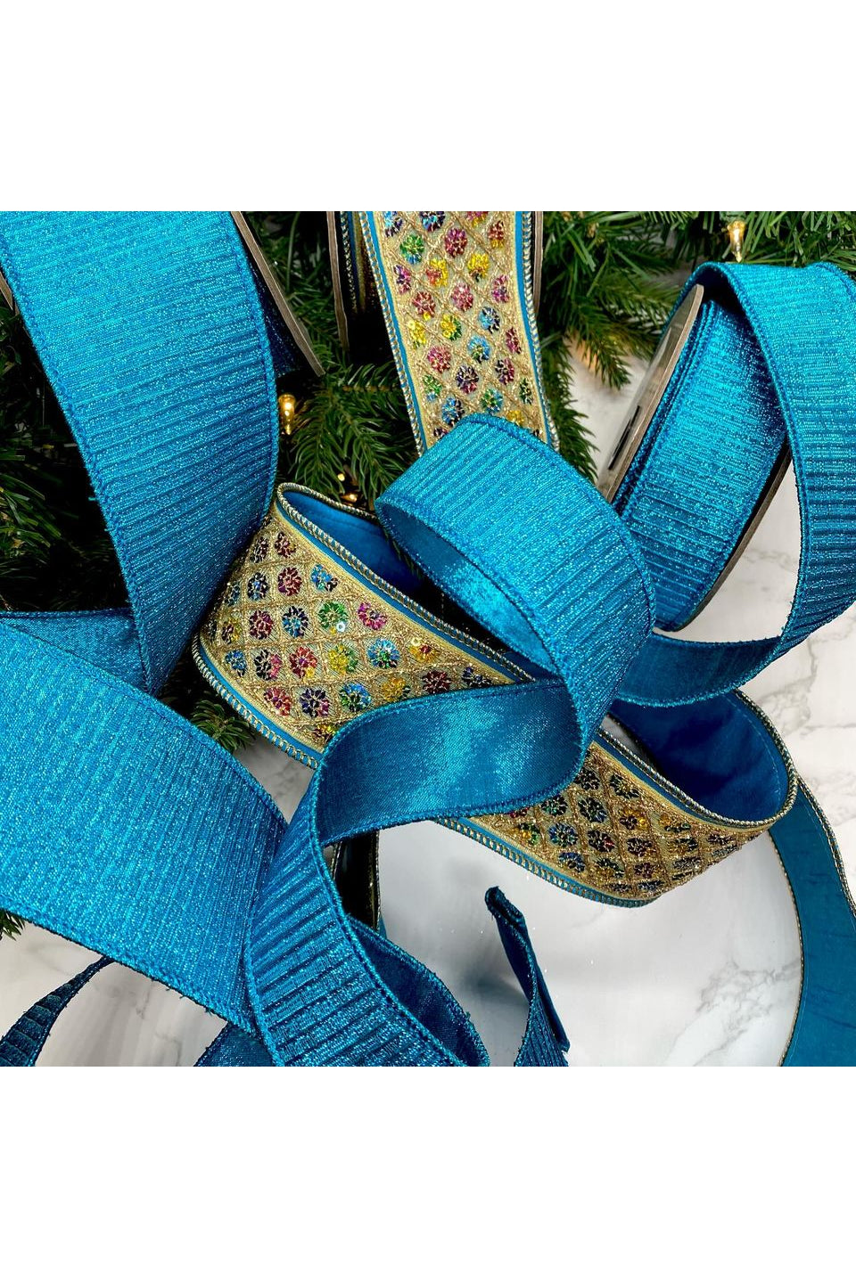 1.5" Pleated Lame Ribbon: Turquoise (10 Yards) - Michelle's aDOORable Creations - Wired Edge Ribbon