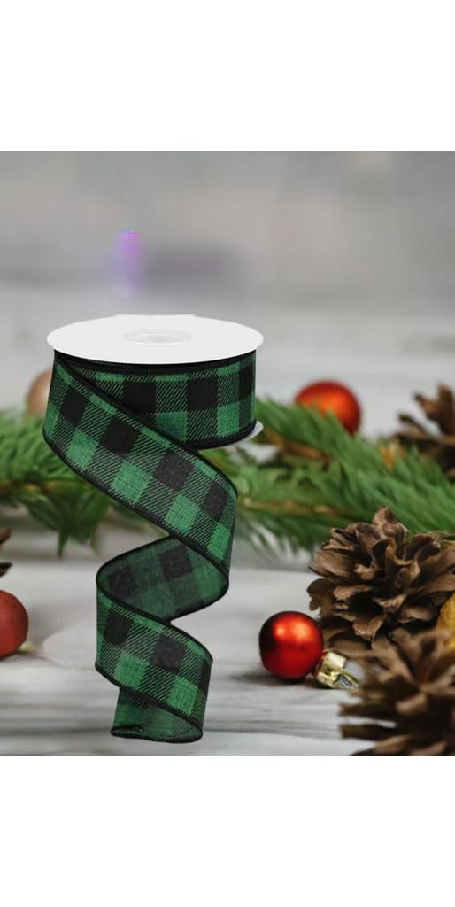1.5" Printed Plaid Check Ribbon: Emerald Green (10 Yards) - Michelle's aDOORable Creations - Wired Edge Ribbon