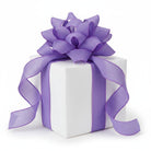 1.5-inch lavender royal canvas ribbon with a wired edge tied in a decorative bow on a white gift box.