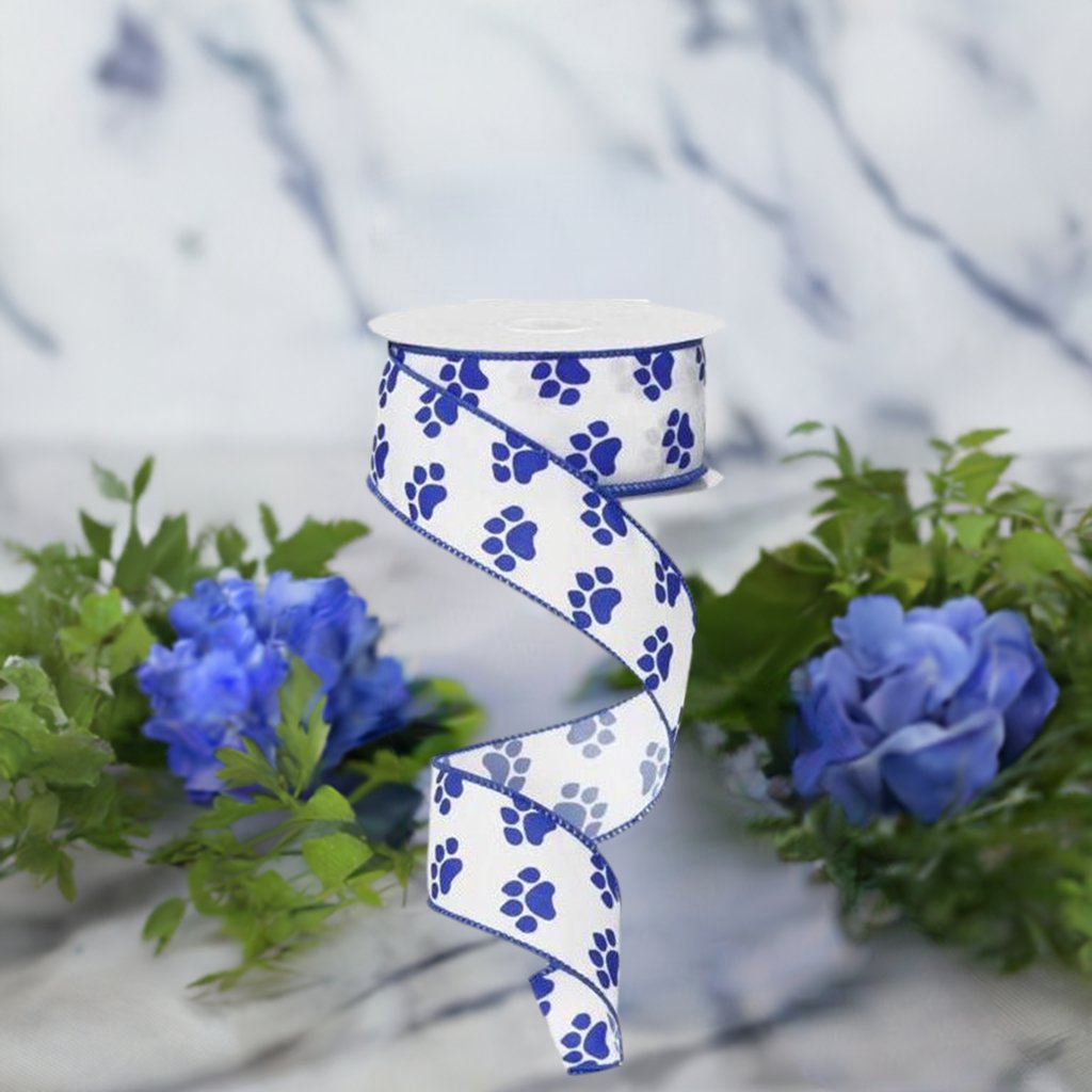 1.5" Satin Paw Print Ribbon: Blue & White (10 Yards) - Michelle's aDOORable Creations - Wired Edge Ribbon