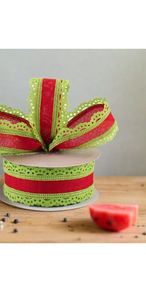 1.5" Scalloped Edge Ribbon: Red/Lime Green (10 Yards) - Michelle's aDOORable Creations - Wired Edge Ribbon