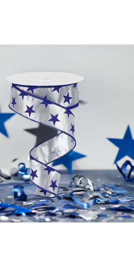 1.5" Stars on Metallic Ribbon: Silver (10 Yards) - Michelle's aDOORable Creations - Wired Edge Ribbon