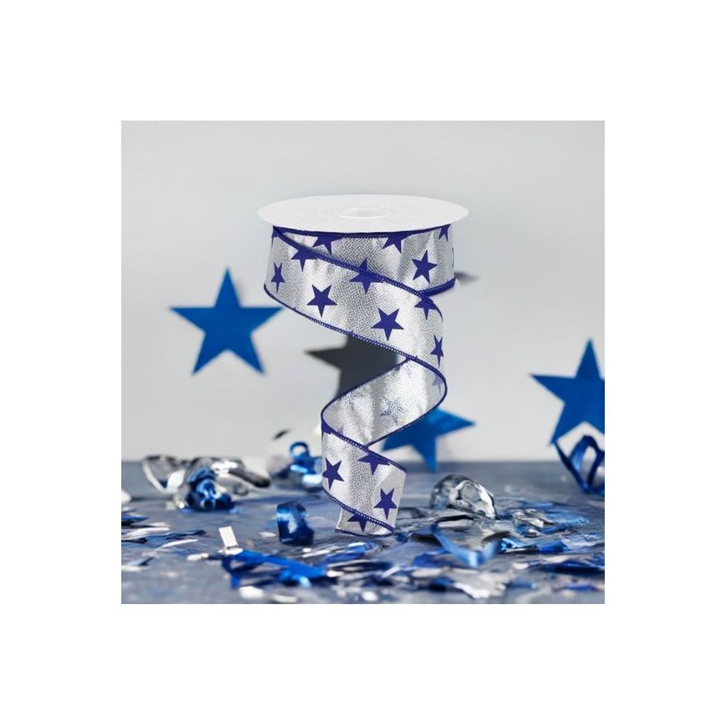 1.5" Stars on Metallic Ribbon: Silver (10 Yards) - Michelle's aDOORable Creations - Wired Edge Ribbon