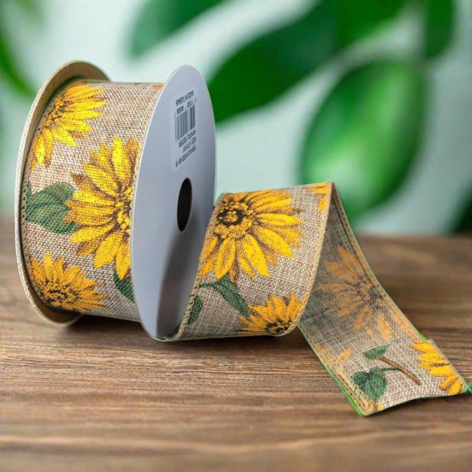 1.5" Sunflowers Linen Ribbon: Light Natural (10 Yards)