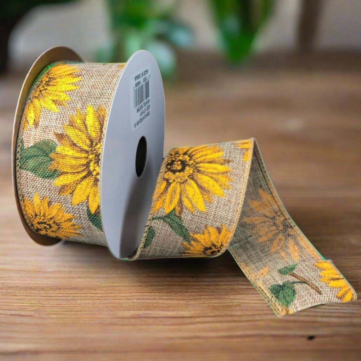 Shop For 1.5" Sunflowers Linen Ribbon: Light Natural (10 Yards) at Michelle's aDOORable Creations