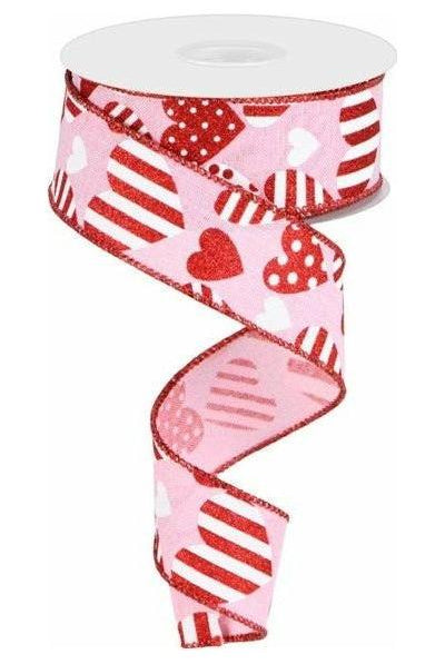 1.5" Valentine Hearts on Royal Ribbon: Light Pink (10 Yard) - Michelle's aDOORable Creations - Wired Edge Ribbon