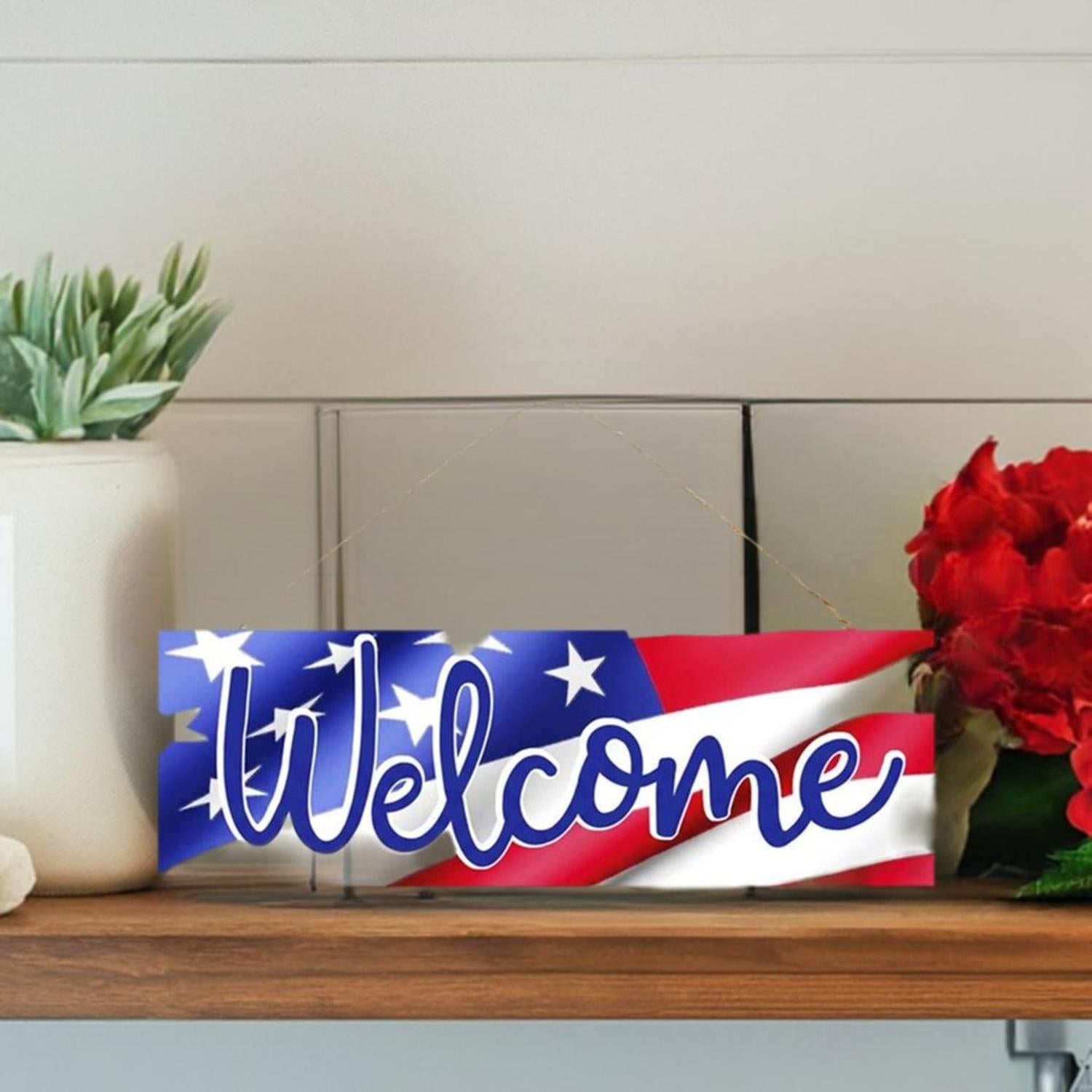 15" Wooden Sign: Welcome Patriotic Flag