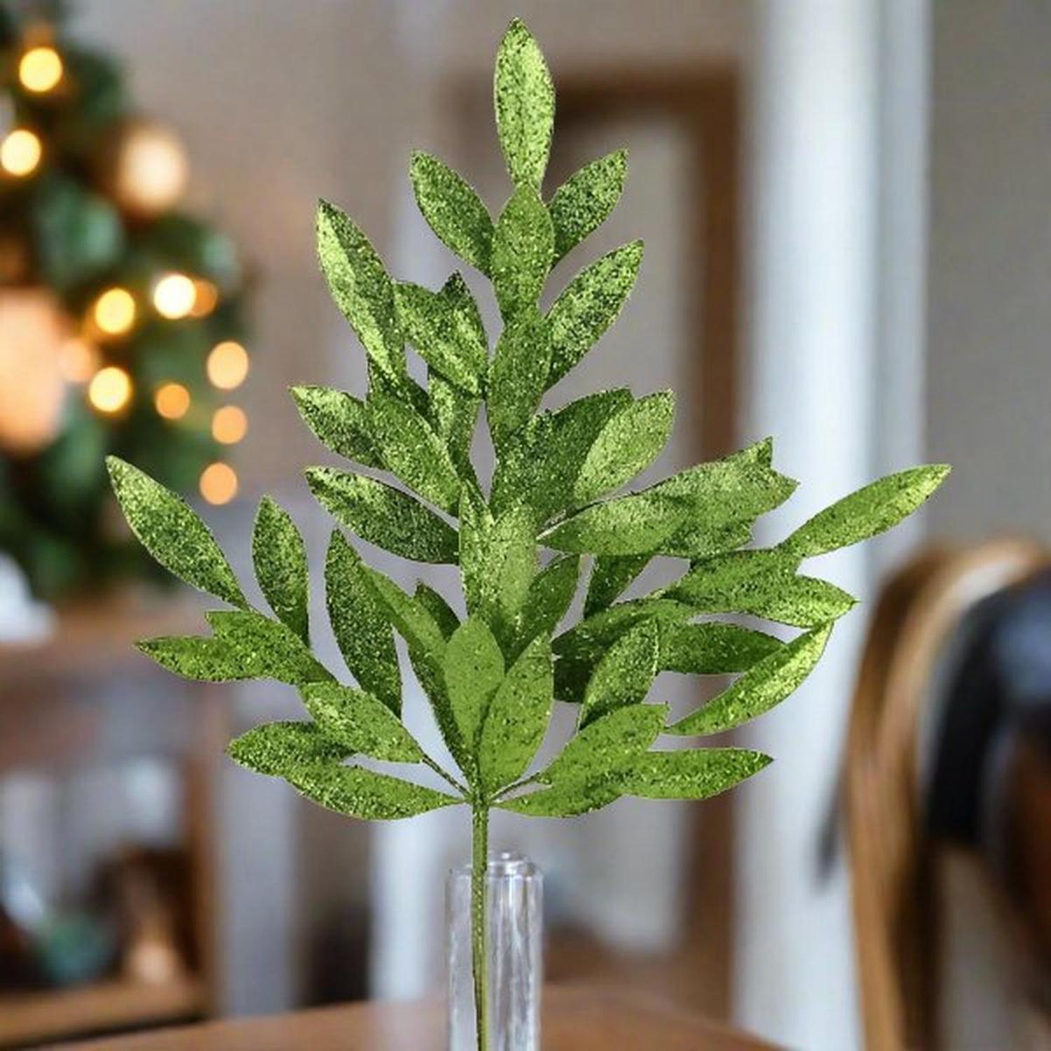 23" Glitter Bay Leaf Spray: Lime Green