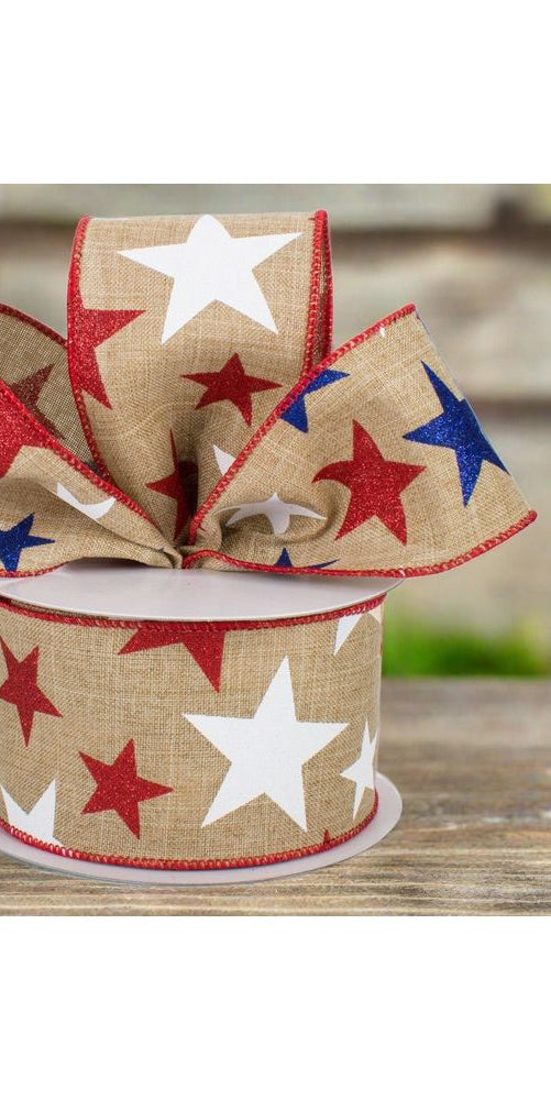 2.5" Beige Royal Canvas Ribbon: Patriotic Stars (10 Yards) - Michelle's aDOORable Creations - Wired Edge Ribbon