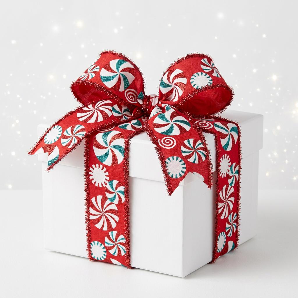 Gift box wrapped with red peppermint ribbon