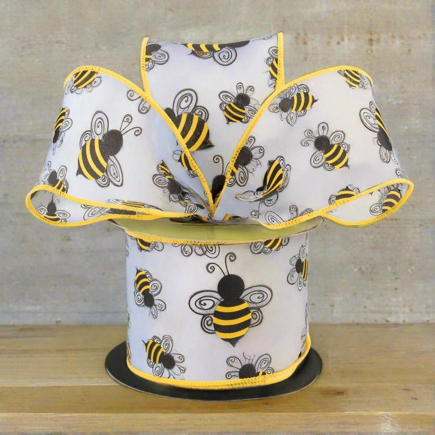 2.5" Bumble Bee Ribbon: White Satin (10 Yards)