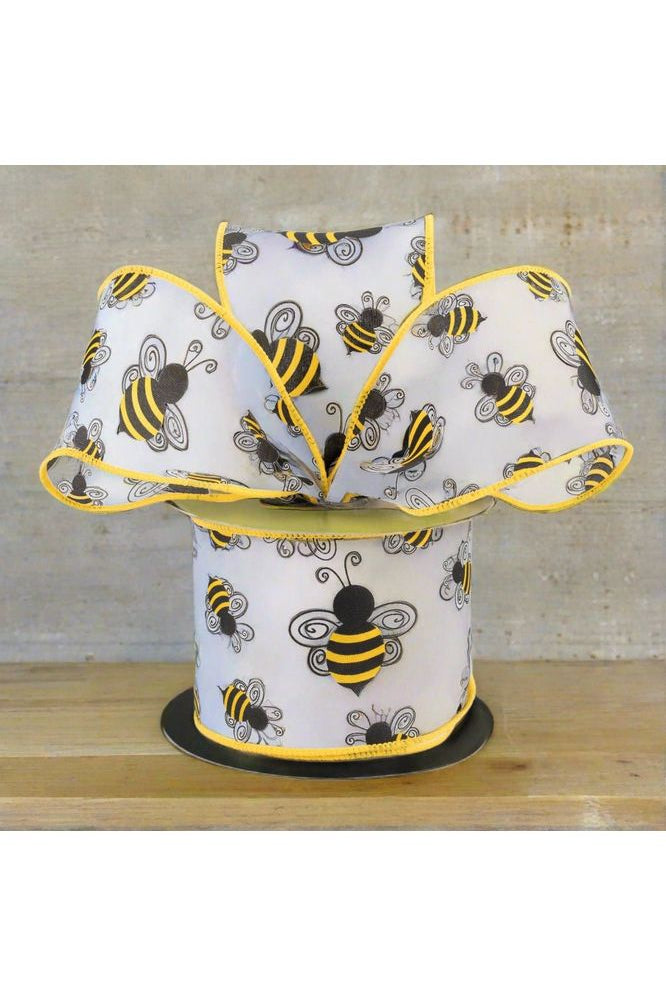 2.5" Bumble Bee Ribbon: White Satin (10 Yards) - Michelle's aDOORable Creations - Wired Edge Ribbon