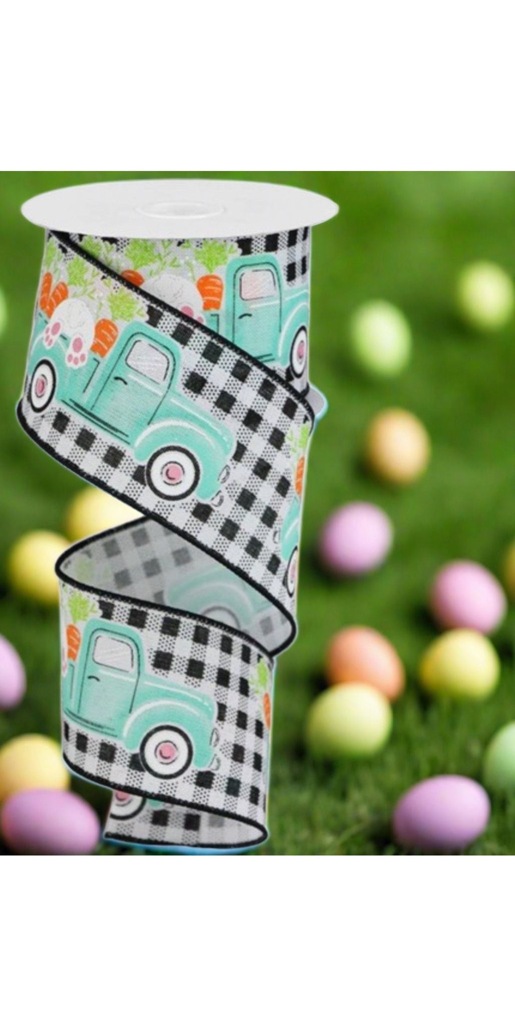 2.5" Bunny Carrots Truck Gingham Ribbon: Black (10 Yards) - Michelle's aDOORable Creations - Wired Edge Ribbon