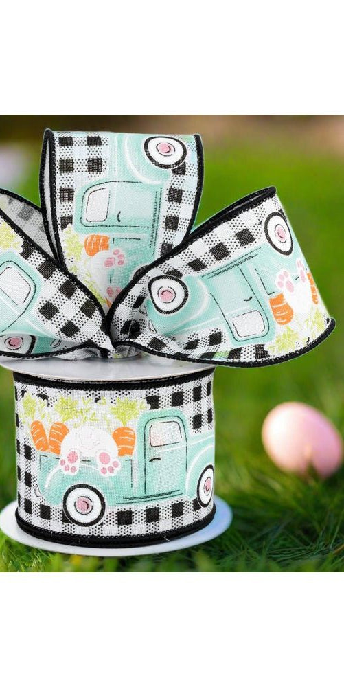 2.5" Bunny Carrots Truck Gingham Ribbon: Black (10 Yards) - Michelle's aDOORable Creations - Wired Edge Ribbon