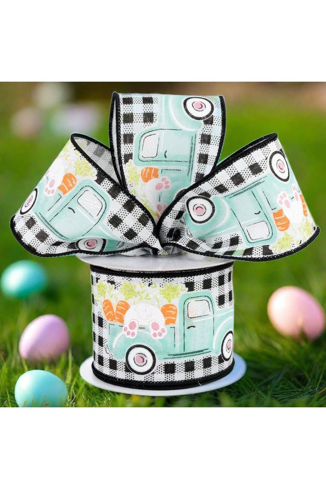 2.5" Bunny Carrots Truck Gingham Ribbon: Black (10 Yards) - Michelle's aDOORable Creations - Wired Edge Ribbon