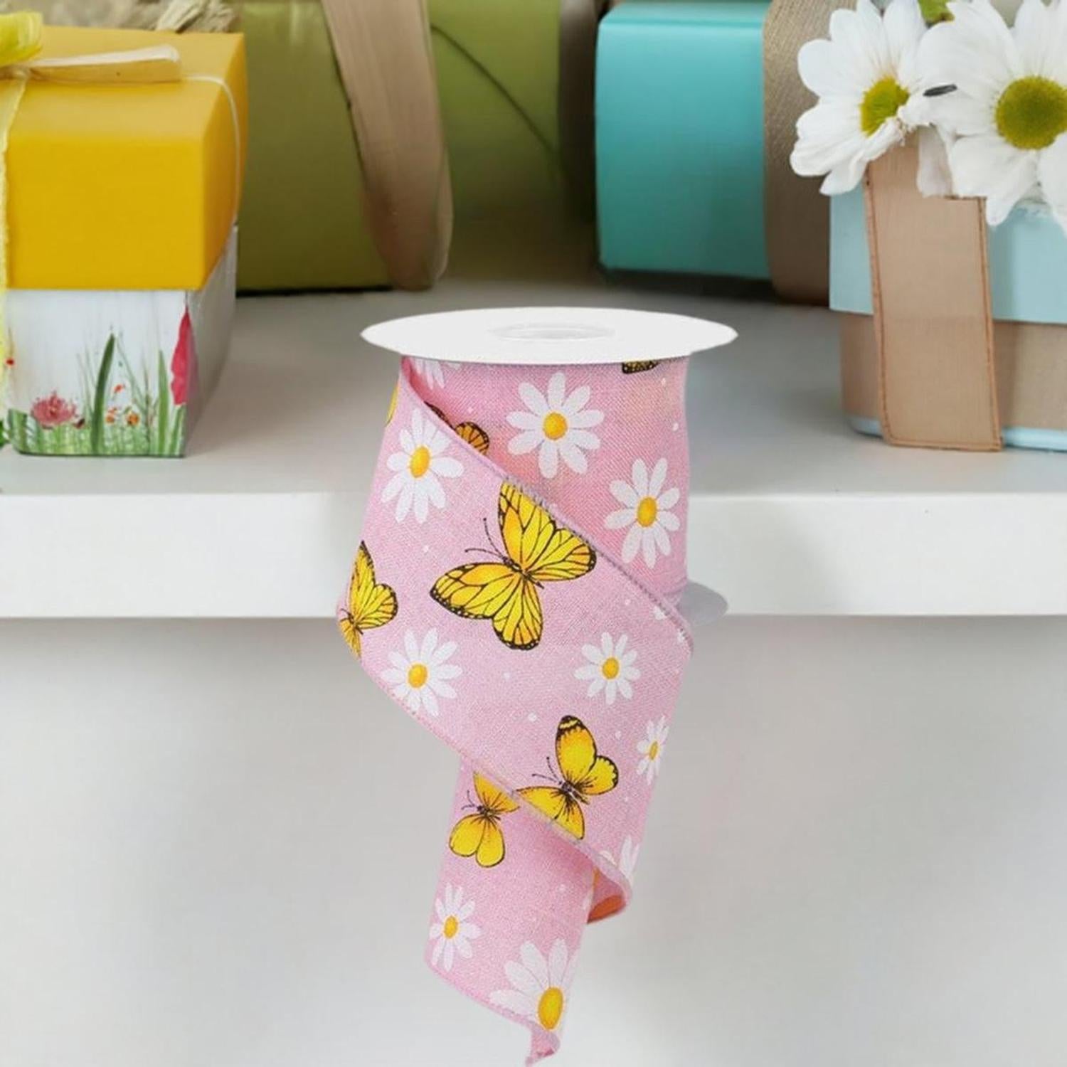 2.5" Butterfly Daisy on Royal Ribbon: Light Pink (10 Yards)