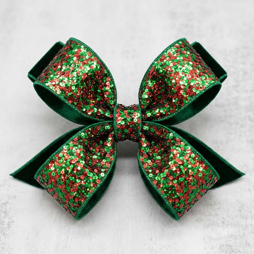 Red and green sequin wired ribbon pre-tied bow detail