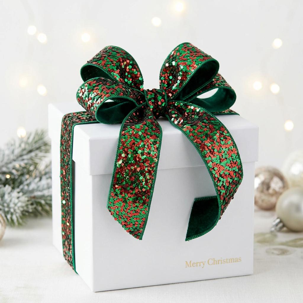 Sequin wired ribbon bow on Christmas gift box
