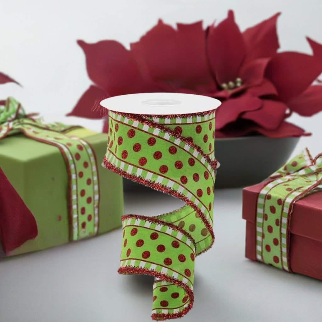 Shop For 2.5" Dots & Stripes Glitter Tinsel Edge Ribbon: Lime Green, White & Red (10 Yards) at Michelle's aDOORable Creations
