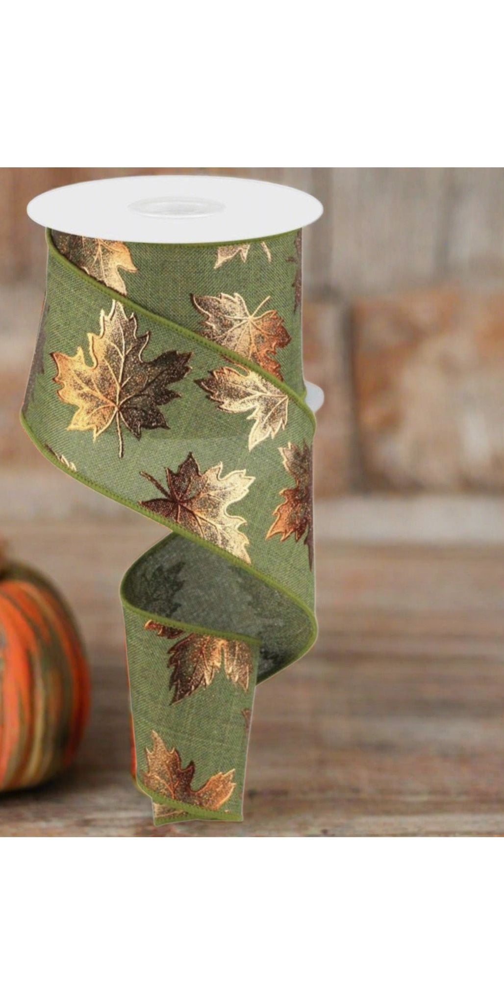 2.5" Foil Maple Leaf Royal Ribbon: Moss Green (10 Yards) - Michelle's aDOORable Creations - Wired Edge Ribbon