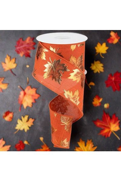 2.5" Foil Maple Leaf Royal Ribbon: Rust (10 Yards) - Michelle's aDOORable Creations - Wired Edge Ribbon