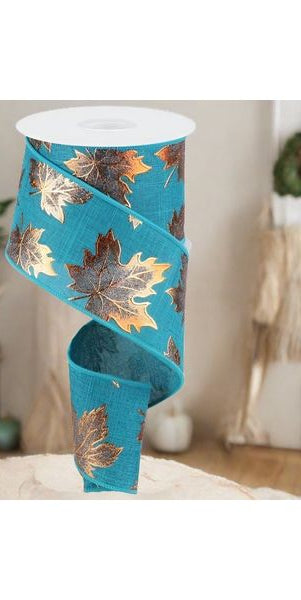 2.5" Foil Maple Leaf Royal Ribbon: Teal (10 Yards) - Michelle's aDOORable Creations - Wired Edge Ribbon