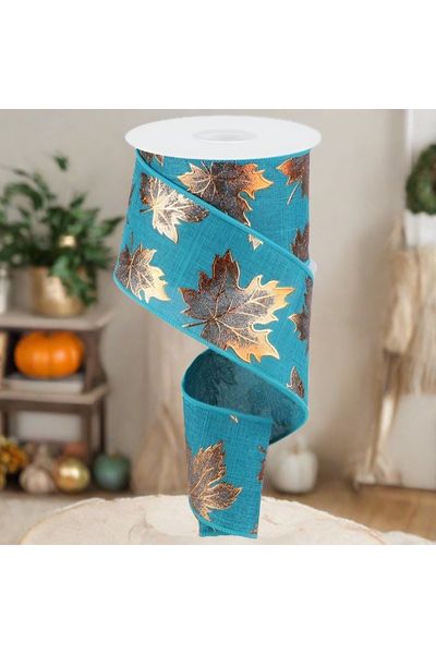 2.5" Foil Maple Leaf Royal Ribbon: Teal (10 Yards) - Michelle's aDOORable Creations - Wired Edge Ribbon