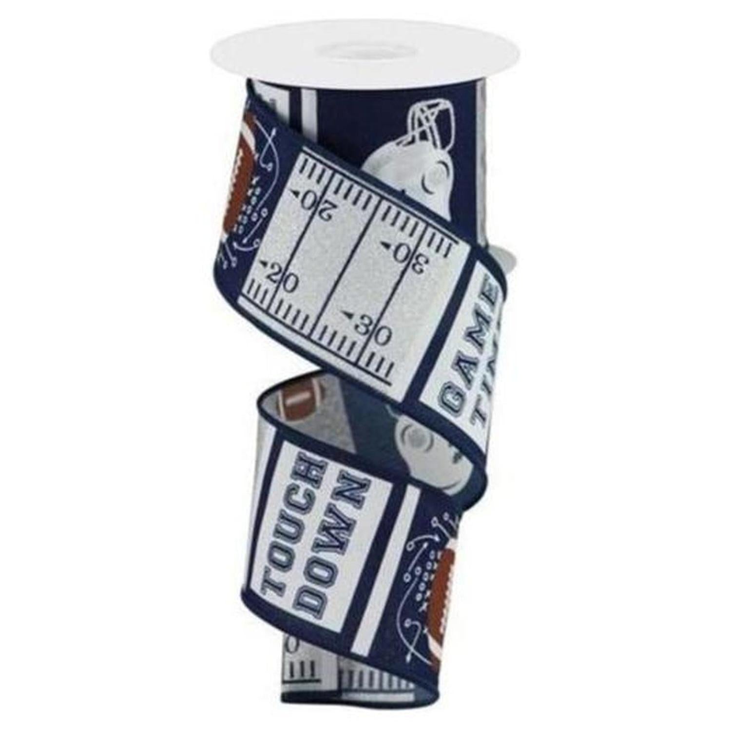 2.5" Football Block Pattern Ribbon: Navy/Silver (10 Yards)