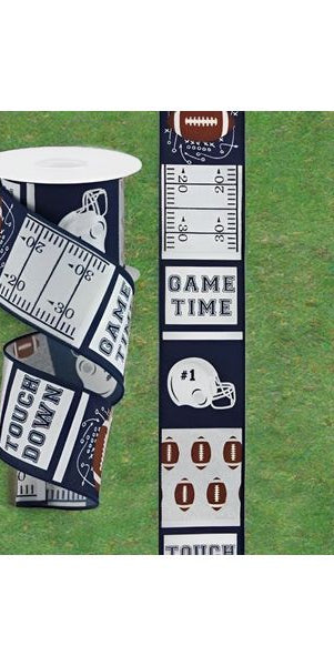 2.5" Football Block Pattern Ribbon: Navy/Silver (10 Yards) - Michelle's aDOORable Creations - Wired Edge Ribbon