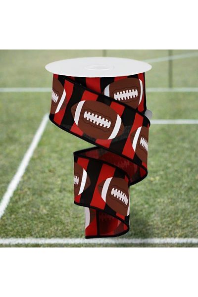 2.5" Footballs on Royal Ribbon: Red/Black (10 Yards) - Michelle's aDOORable Creations - Wired Edge Ribbon