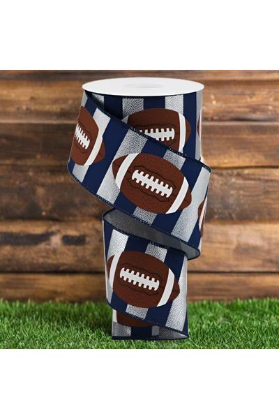 2.5" Footballs On Stripe Ribbon: Silver & Navy (10 Yards) - Michelle's aDOORable Creations - Wired Edge Ribbon