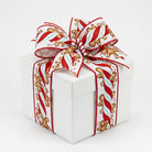 Gift box wrapped in gingerbread holiday wired ribbon