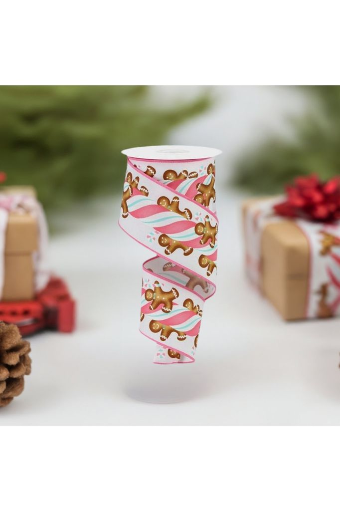 2.5" Gingerbread Kids Candy Ribbon: White/Pink (10 Yards) - Michelle's aDOORable Creations - Wired Edge Ribbon