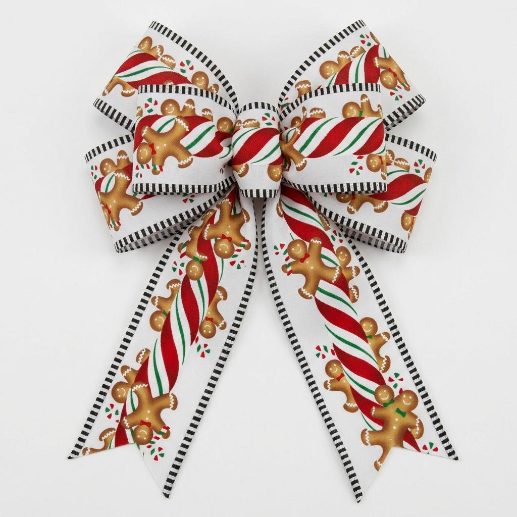 Close-up of white fabric ribbon with gingerbread people and striped wired edges