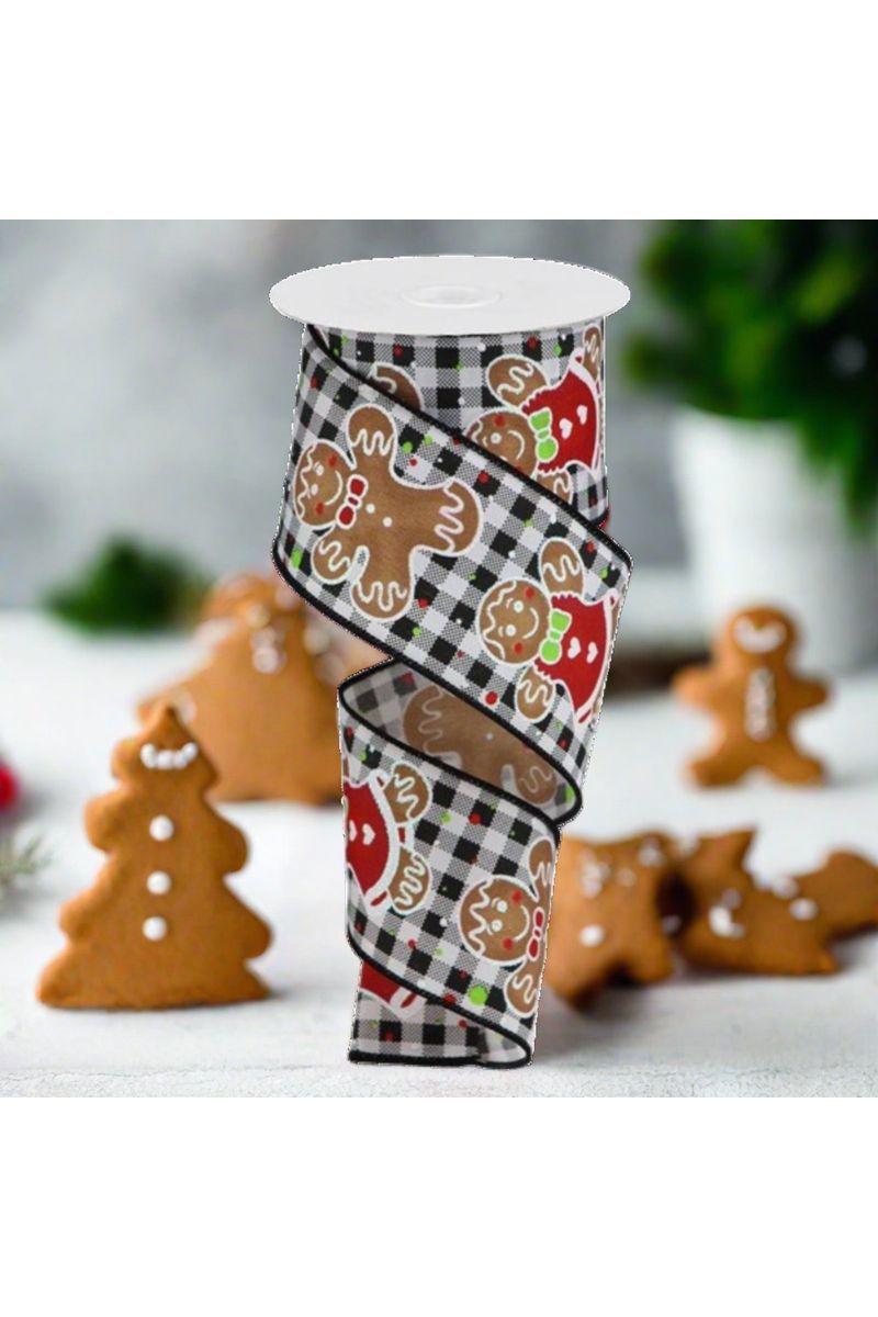 2.5" Gingerbread Satin Ribbon: Black Gingham (10 Yards) - Michelle's aDOORable Creations - Wired Edge Ribbon