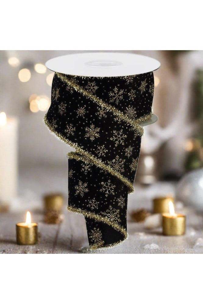 2.5" Glitter Snowflakes Tinsel Ribbon: Gold/Black (10 Yards) - Michelle's aDOORable Creations - Wired Edge Ribbon