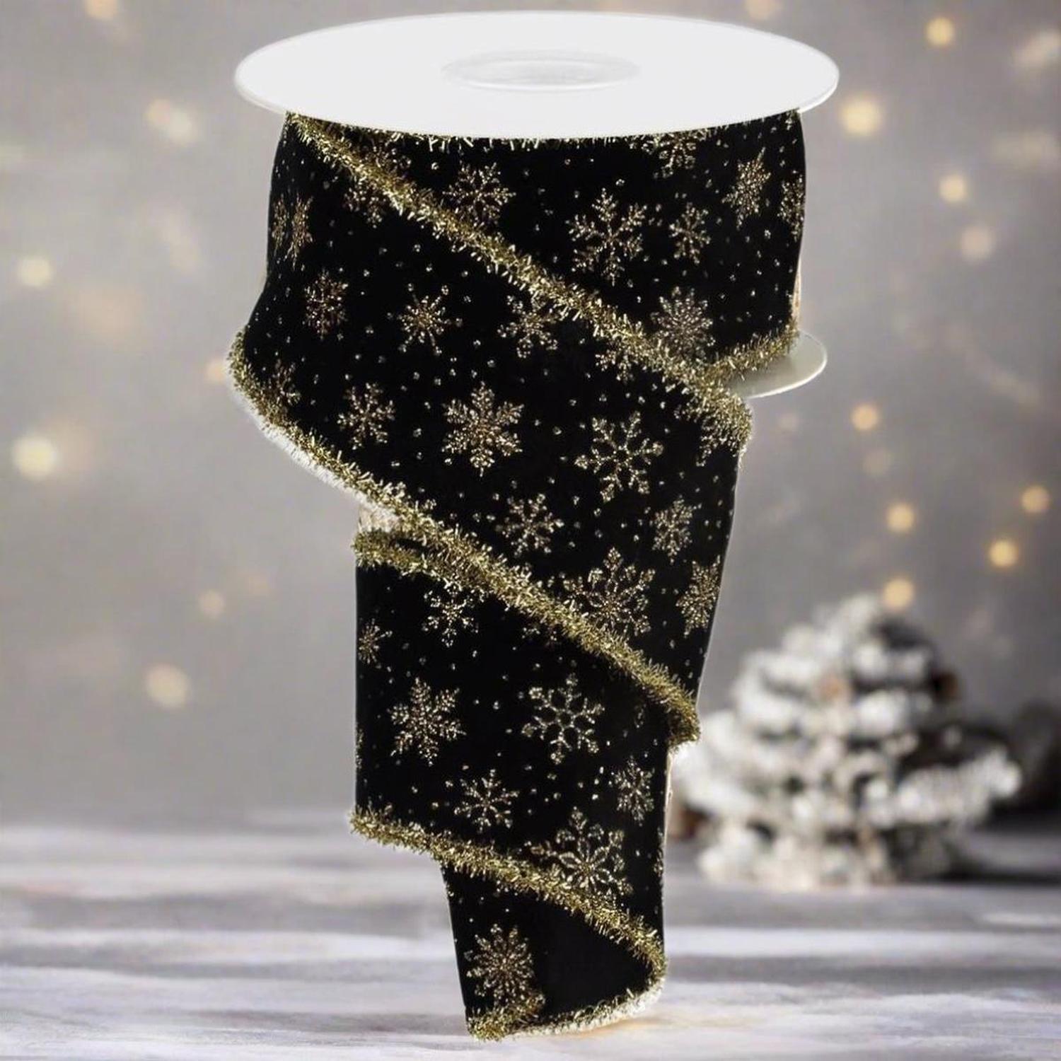 2.5" Glitter Snowflakes Tinsel Ribbon: Gold/Black (10 Yards)
