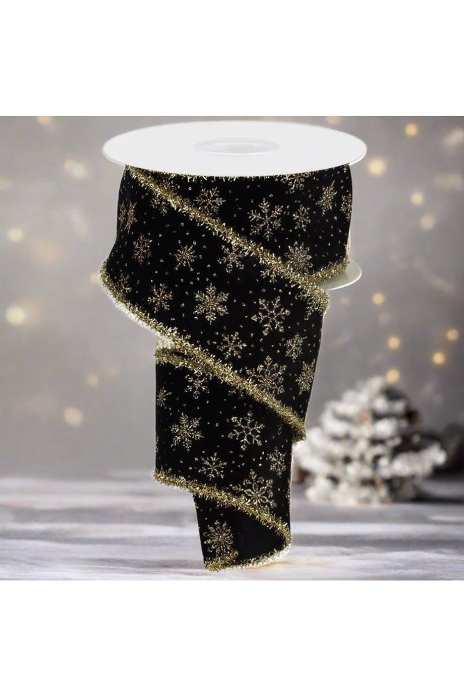 2.5" Glitter Snowflakes Tinsel Ribbon: Gold/Black (10 Yards) - Michelle's aDOORable Creations - Wired Edge Ribbon