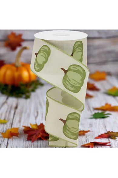2.5" Green Pumpkin Ribbon: Cream (10 Yards) - Michelle's aDOORable Creations - Wired Edge Ribbon