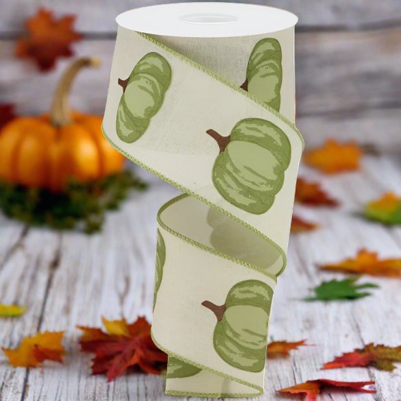 Shop For 2.5" Green Pumpkin Ribbon: Cream (10 Yards) at Michelle's aDOORable Creations