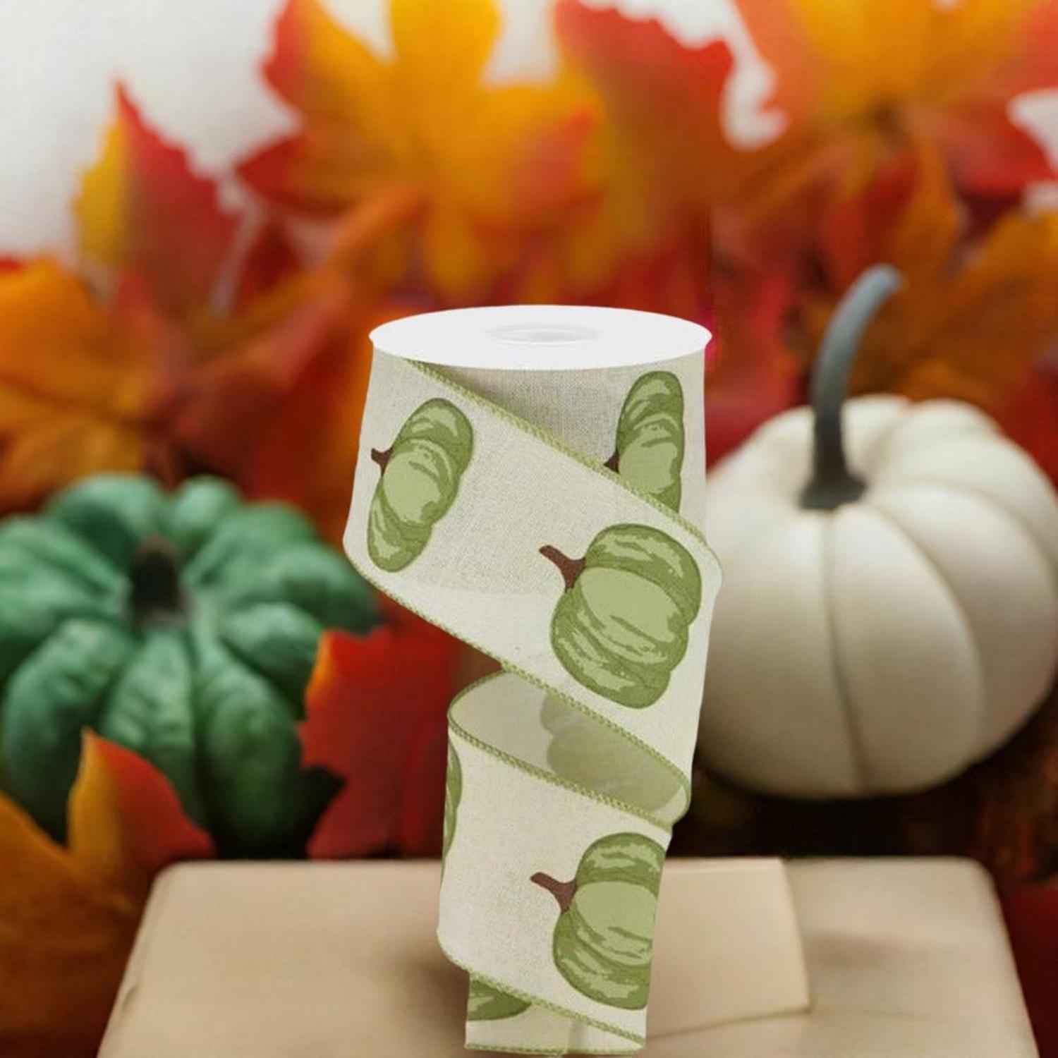 2.5" Green Pumpkin Ribbon: Cream (10 Yards)