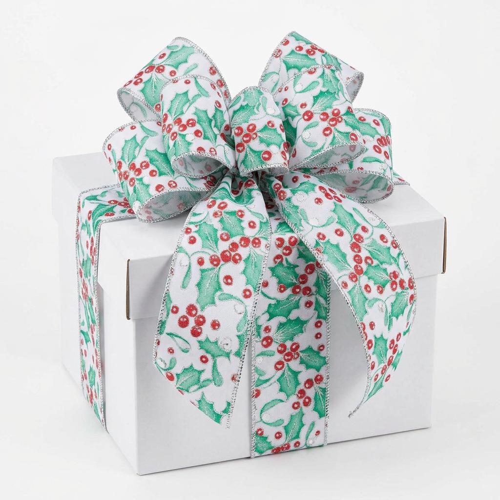 White wired edge ribbon with holly berry pattern tied on gift box