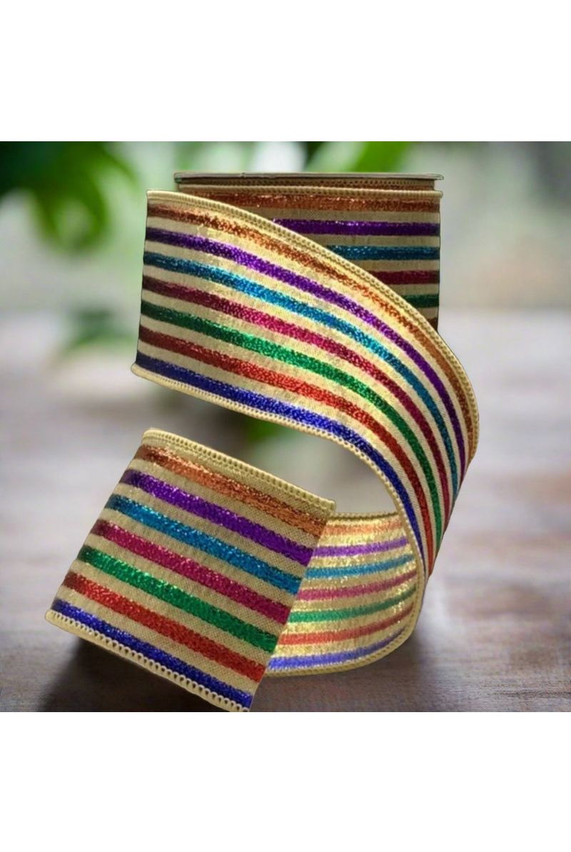 2.5" Jacquard Lame Multi Color Stripes Ribbon: Gold (10 Yards) - Michelle's aDOORable Creations - Wired Edge Ribbon