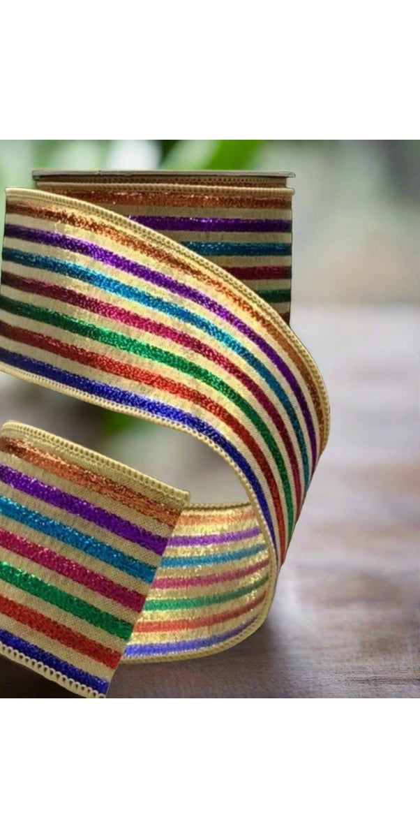 2.5" Jacquard Lame Multi Color Stripes Ribbon: Gold (10 Yards) - Michelle's aDOORable Creations - Wired Edge Ribbon