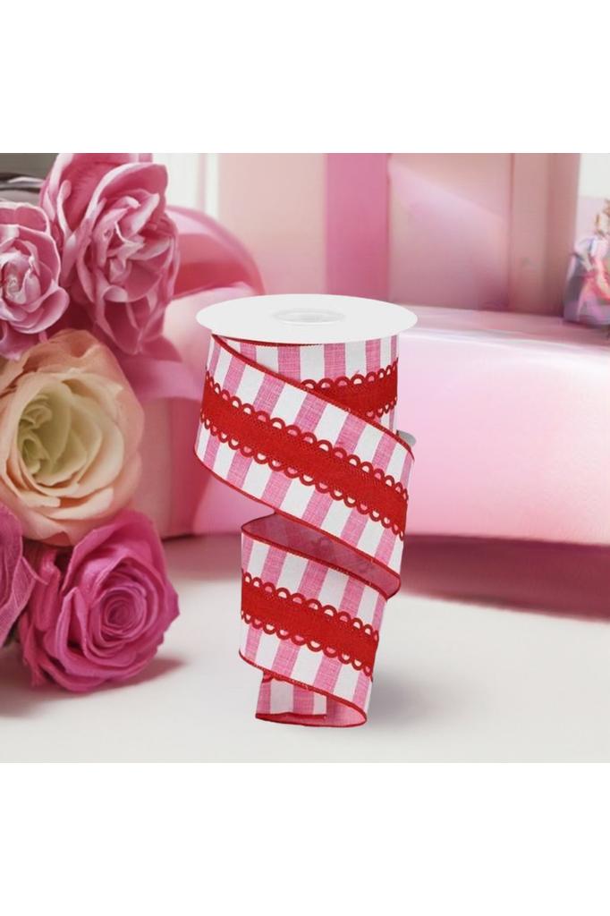 2.5" Lace On Horizontal Stripe Ribbon: Pink/White (10 Yards) - Michelle's aDOORable Creations - Wired Edge Ribbon