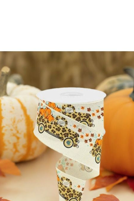 2.5" Leopard Truck Pumpkins Ribbon: Cream (10 Yards) - Michelle's aDOORable Creations - Wired Edge Ribbon