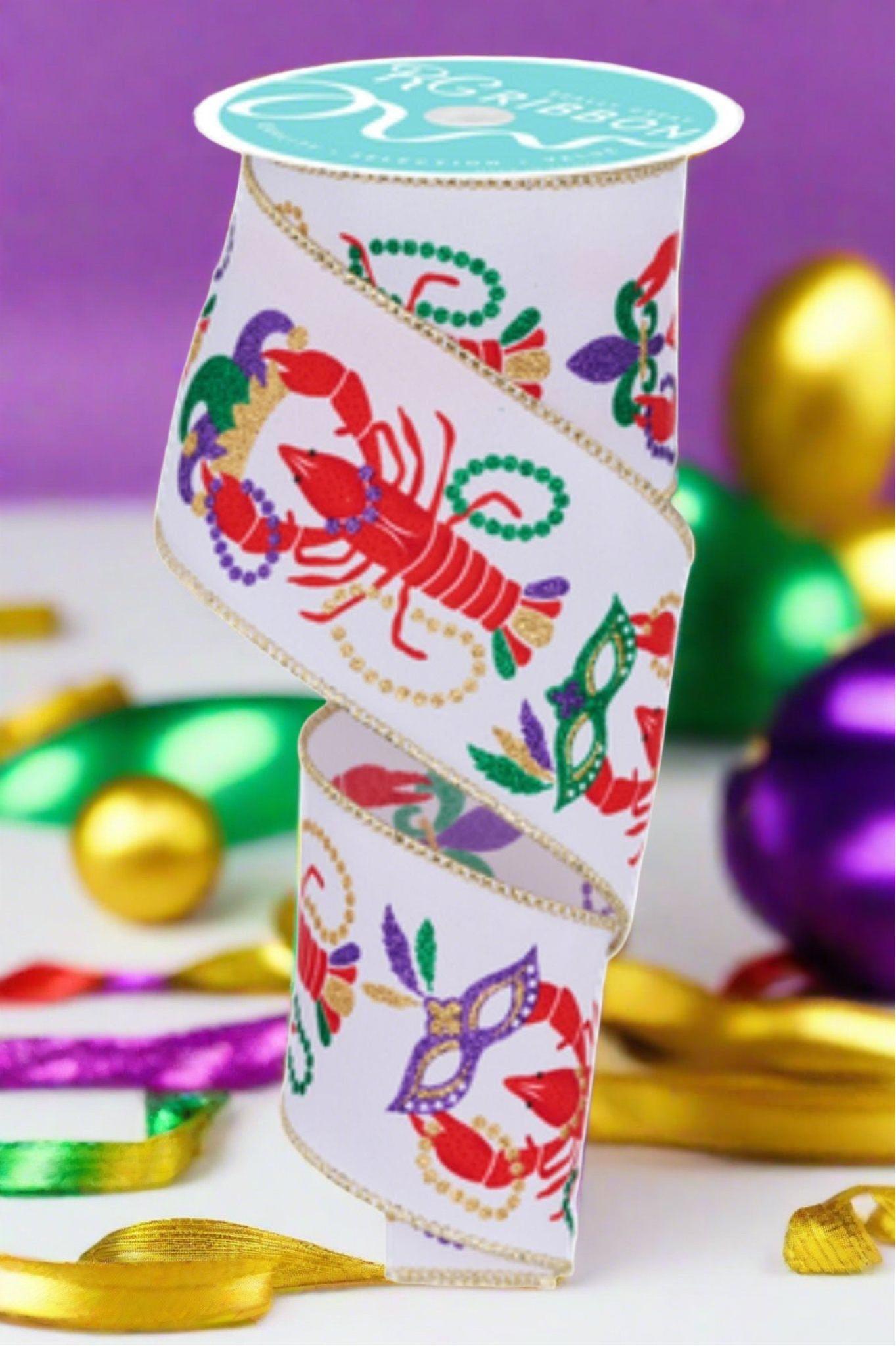 Shop For 2.5" Mardi Gras Crawfish Ribbon: White (10 Yards) at Michelle's aDOORable Creations